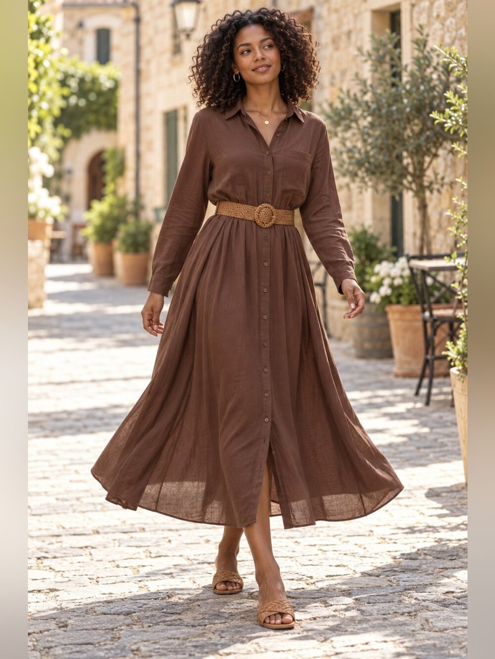 Boutique Long Sleeve Brown Flowy Dress